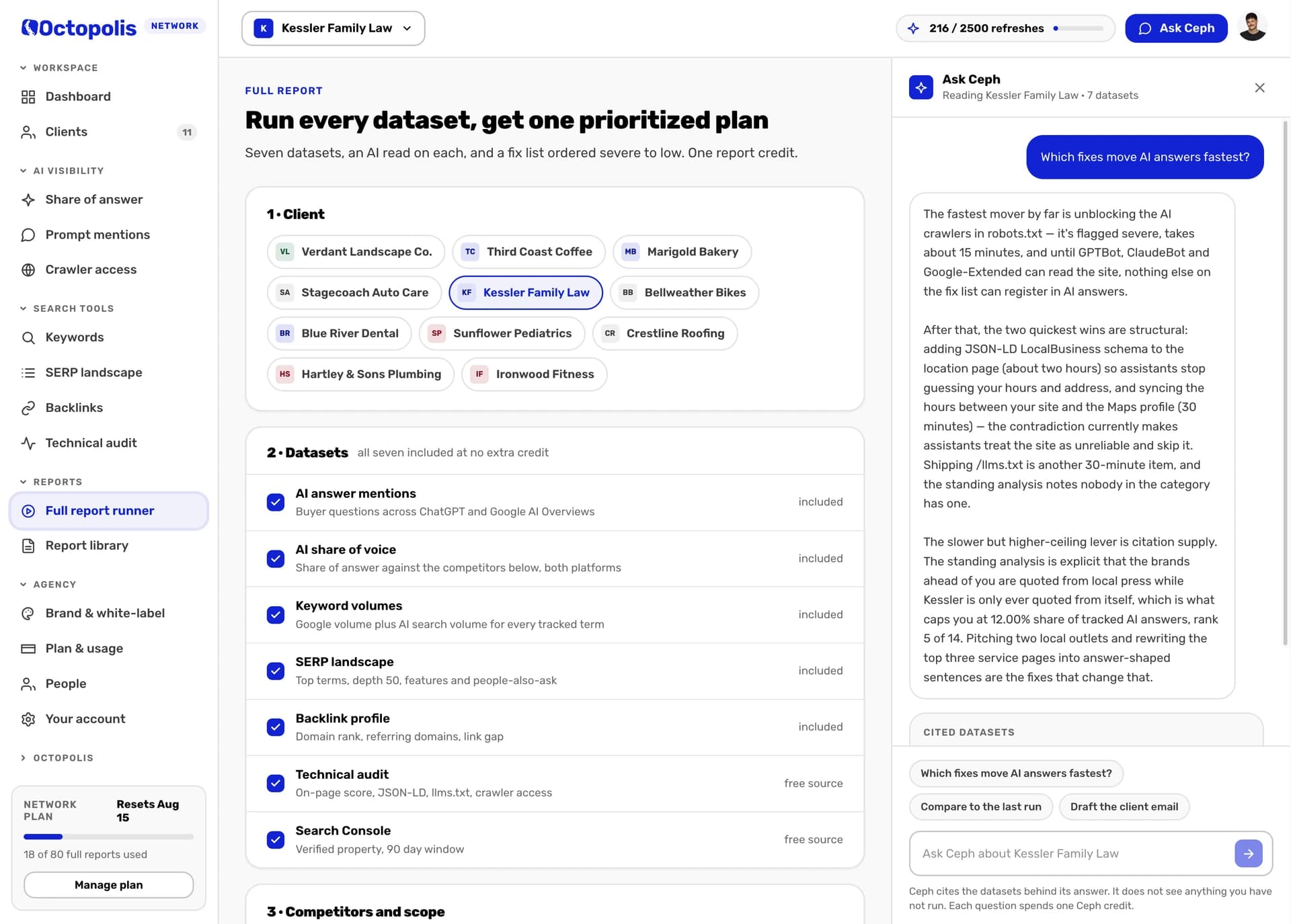 Ask Mimi answering a question about which fixes move AI answers fastest, in plain English, beside the report it read, with the datasets it cited listed underneath.