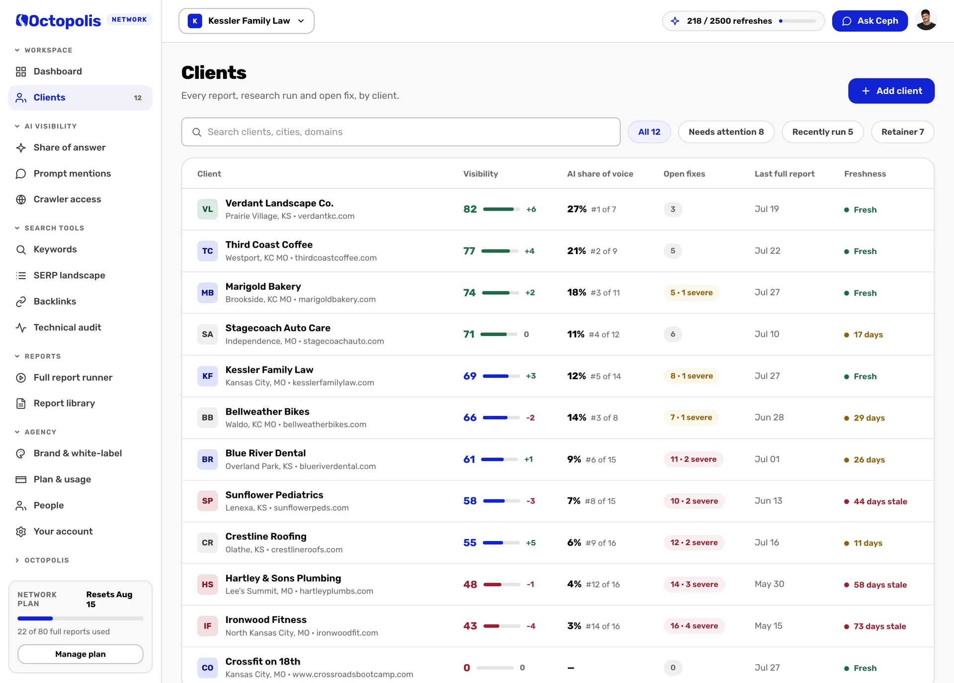 The client list: every client with its visibility score and trend, AI share of voice and rank, open fixes with severe ones flagged, the date of the last full report and how fresh the data is.