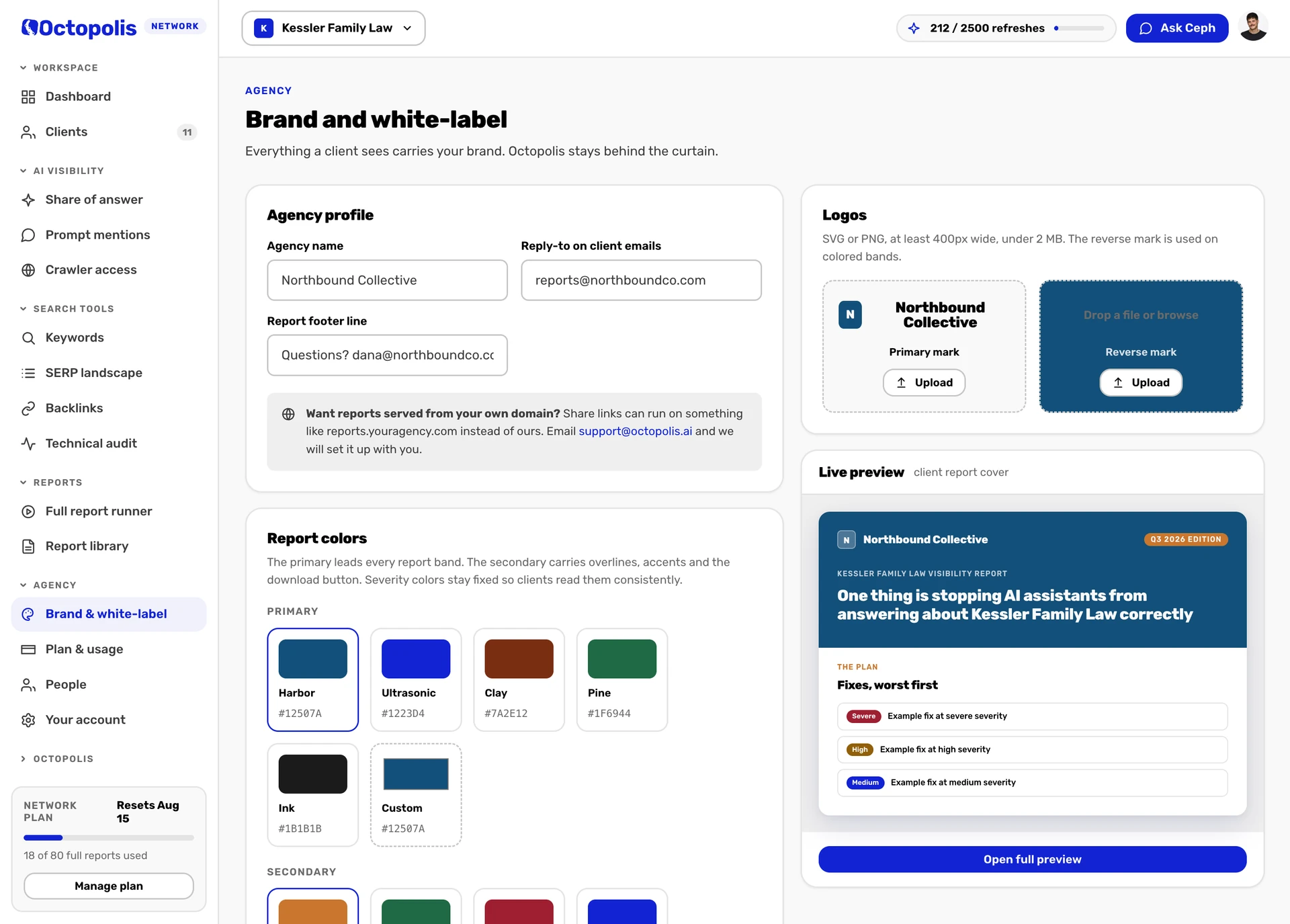 The brand and white-label settings: agency name, reply-to address, logo uploads, report colors and a live preview of the client report cover.
